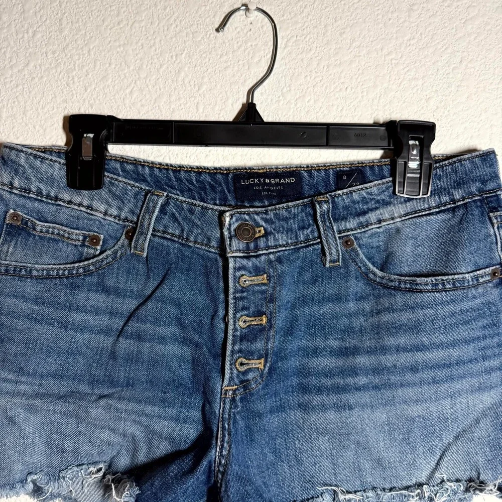Lucky Brand Los Angeles Cut Off Shorts Women 8 Blue Denim Logo Frayed Hem Casual - Picture 2 of 7